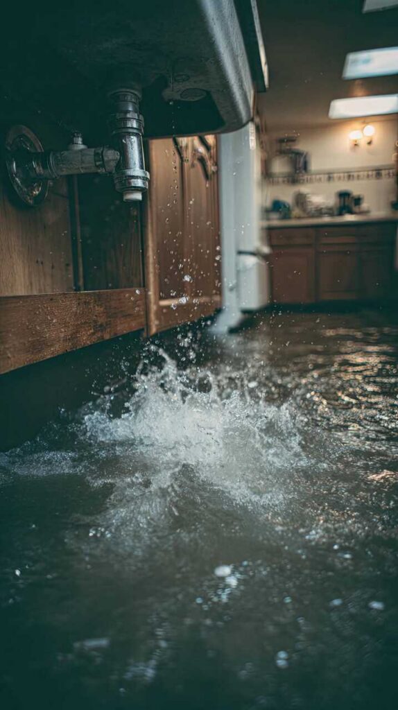Water splashing from a leaking pipe under a kitchen sink flooding the floor.