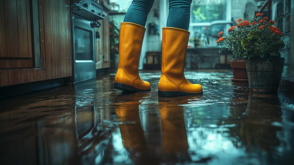 Person wearing yellow rain boots standing in a flooded kitchen with water covering the floor.