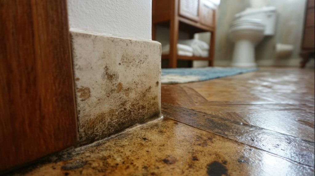 Mold growth on the baseboard and floor corner of a bathroom near a wooden door frame.