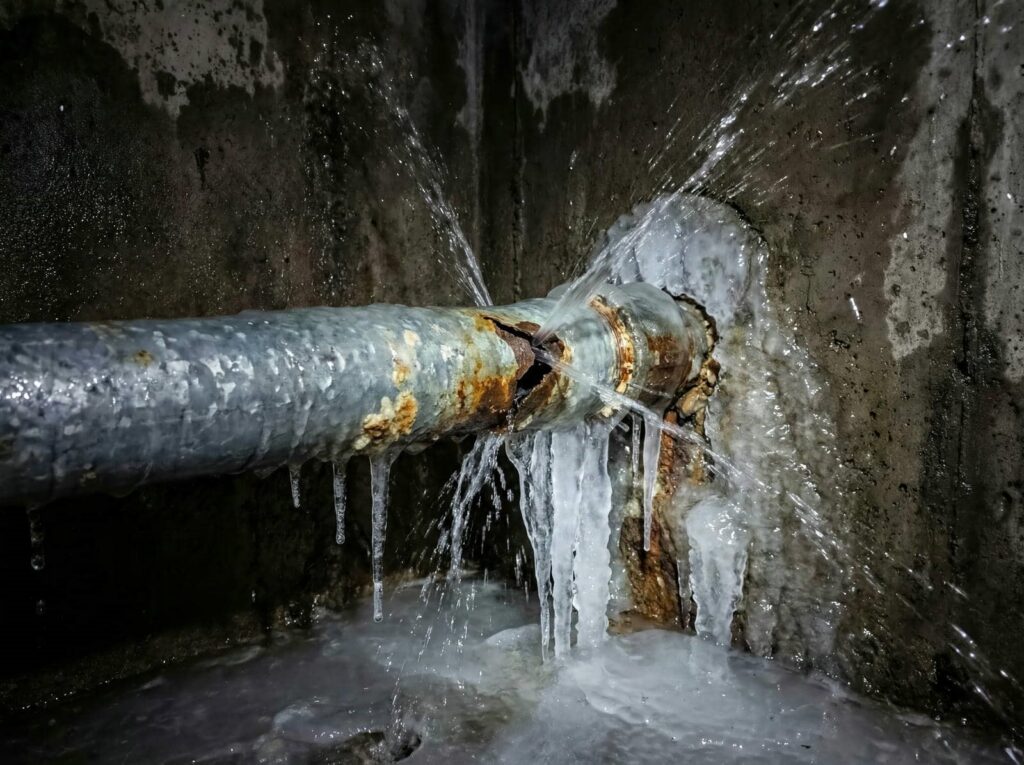 Rusty metal pipe with a large crack spraying water, surrounded by icicles and frozen water.