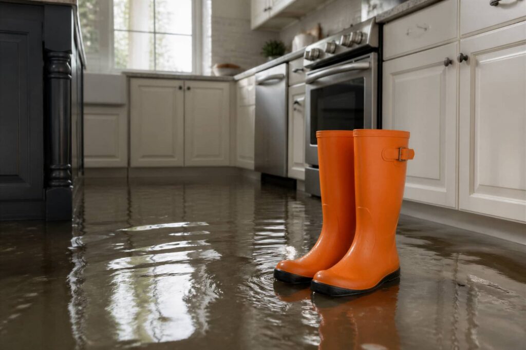 Orange rain boots standing in a flooded kitchen.