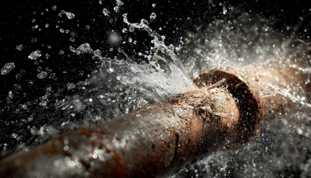 Rusty pipe spraying water forcefully against a dark background.