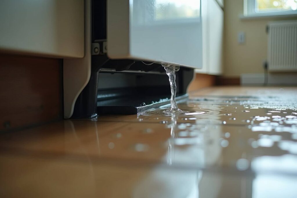 Water leaking from a refrigerator onto a kitchen floor.