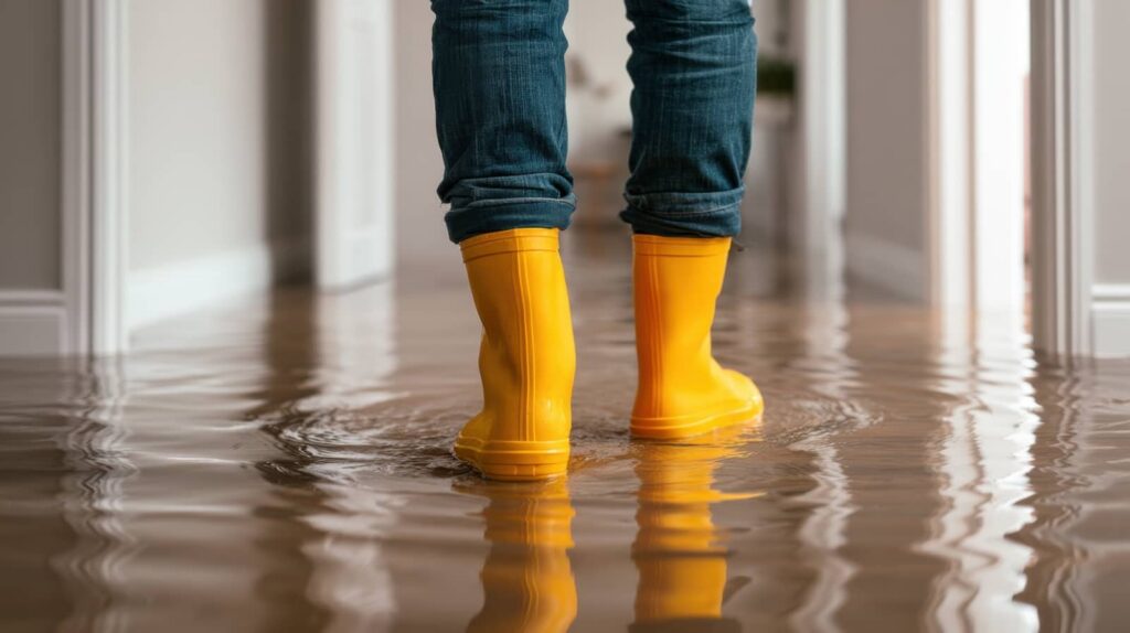 Person in yellow rain boots standing in floodwater indoors.