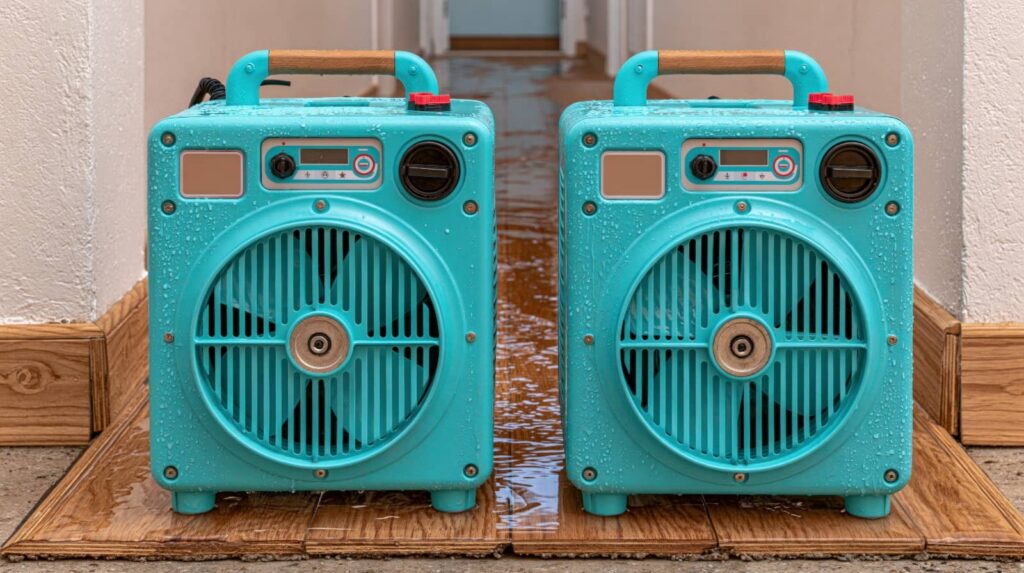 Two turquoise portable fans on a wet floor.
