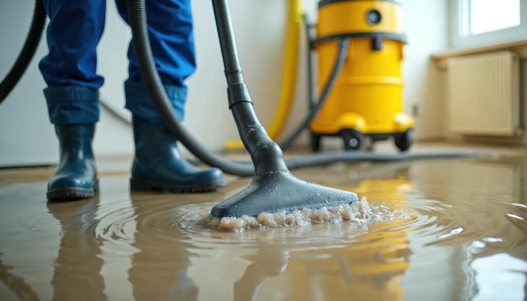 Person using a wet vacuum to remove water from a flooded floor indoors.