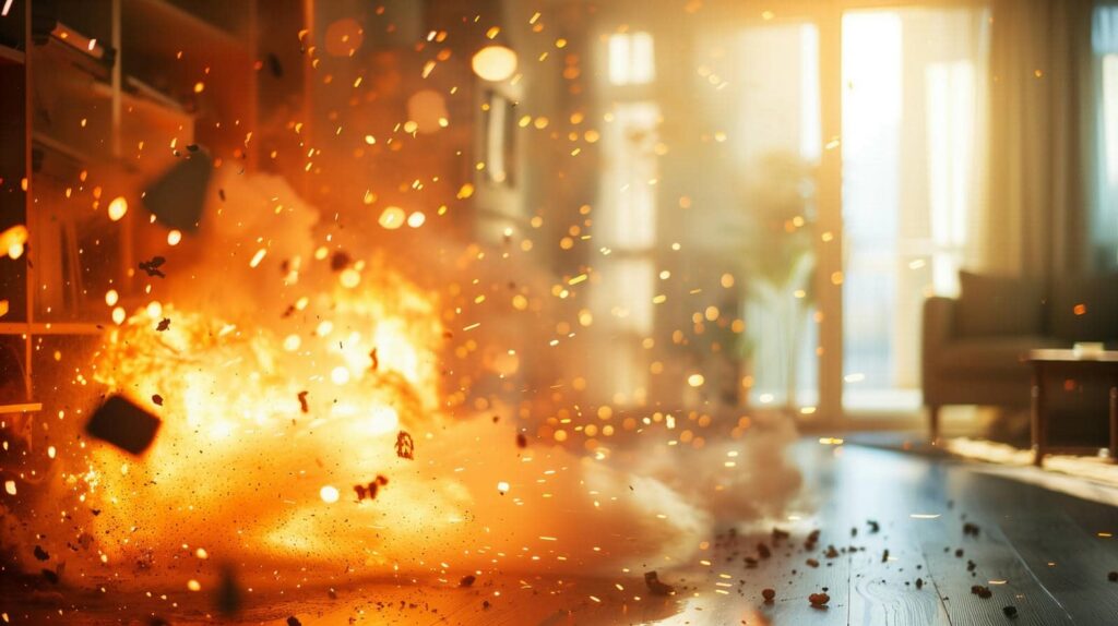 Fire explosion with sparks and debris inside a living room near a bookshelf and sofa.