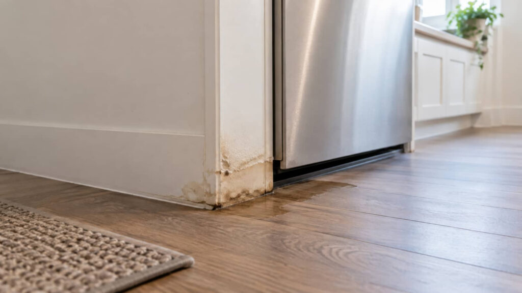 Water damage and mold staining at the base of a kitchen wall by a refrigerator.