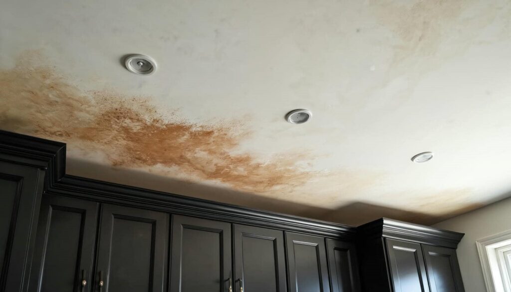 Ceiling with large brown water stains above black kitchen cabinets.