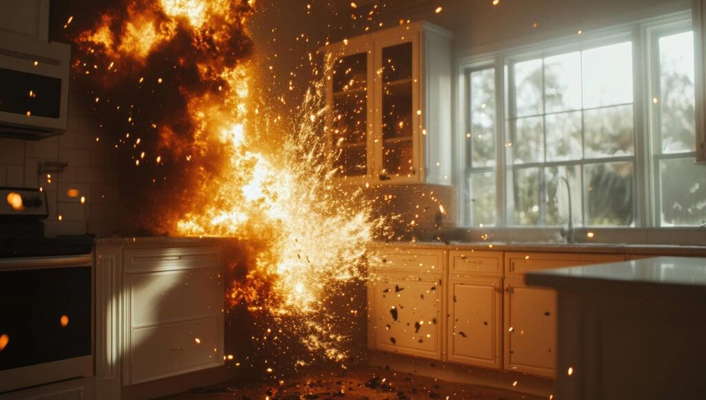 Fire explosion erupting from a kitchen stove with sparks and flames spreading.
