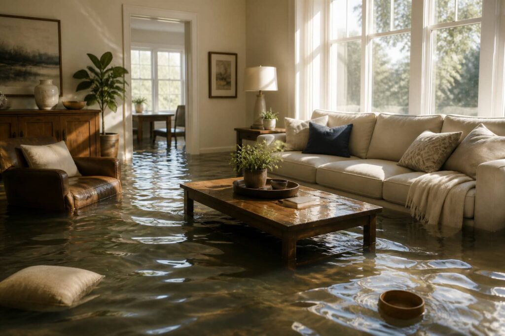 Flooded living room with furniture partially submerged in water.