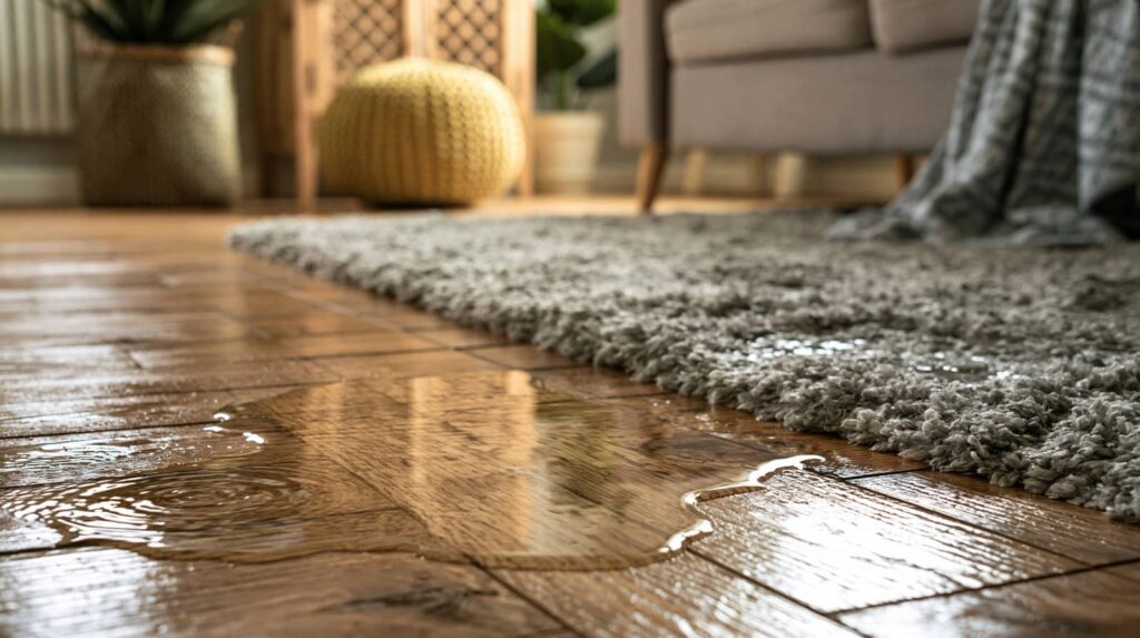 Water puddled on a hardwood floor beside a rug.
