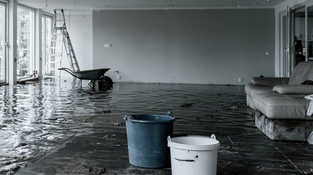 Flooded living room with a ladder, wheelbarrow, and buckets.