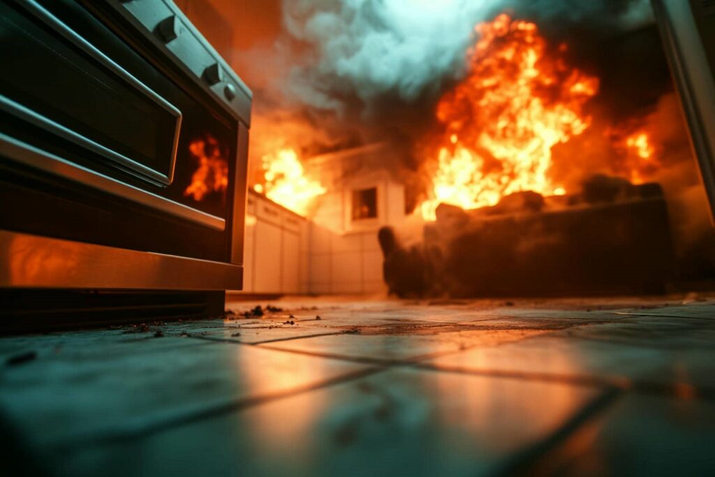 Fire engulfing a kitchen with thick smoke and flames near cabinets and a stove.
