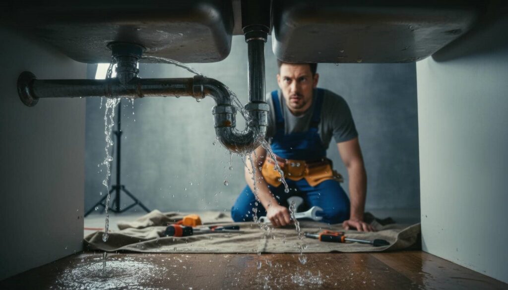 Leaking pipes under a sink with a plumber in overalls working in the background.
