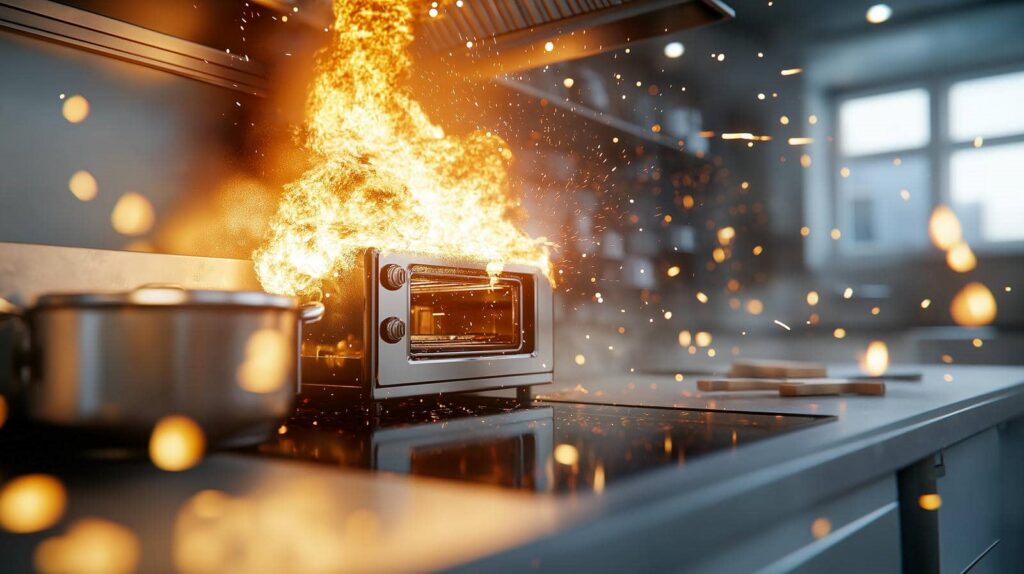 Fire blazing from a toaster oven on a kitchen countertop with sparks flying.