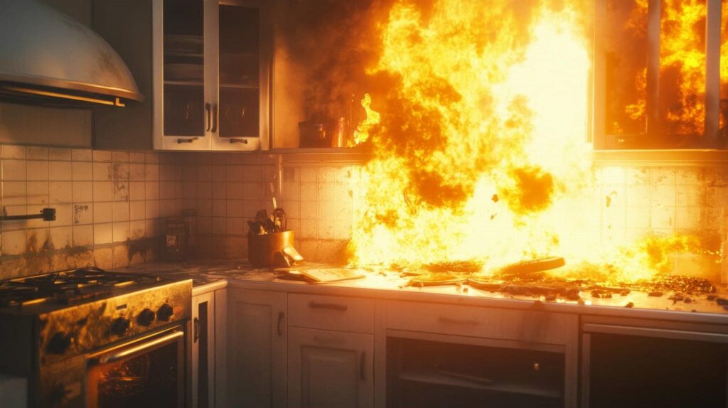 Kitchen stove engulfed in a large fire with flames spreading across the countertop.