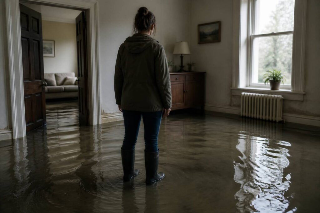 Woman standing in a flooded room.