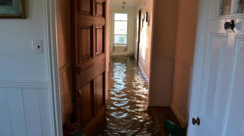 Flooded hallway in a house with water covering the floor.
