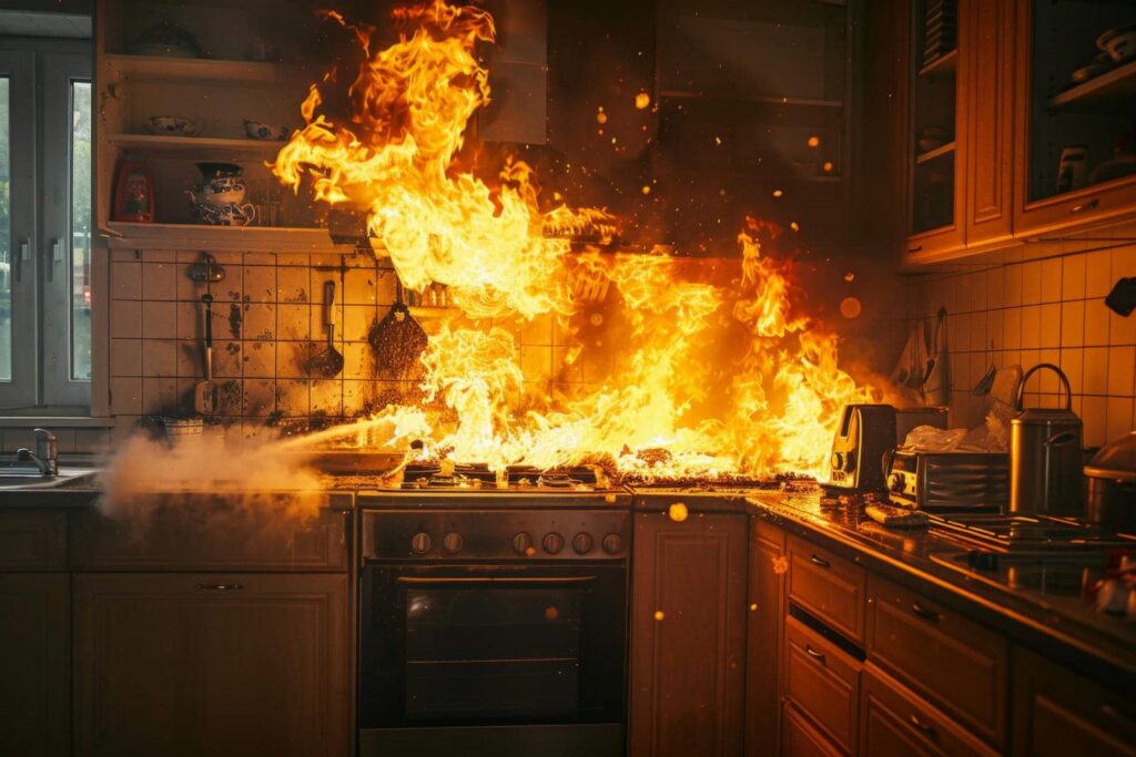 Large flames engulf a kitchen stove with a fire extinguisher spraying foam to put out the fire.