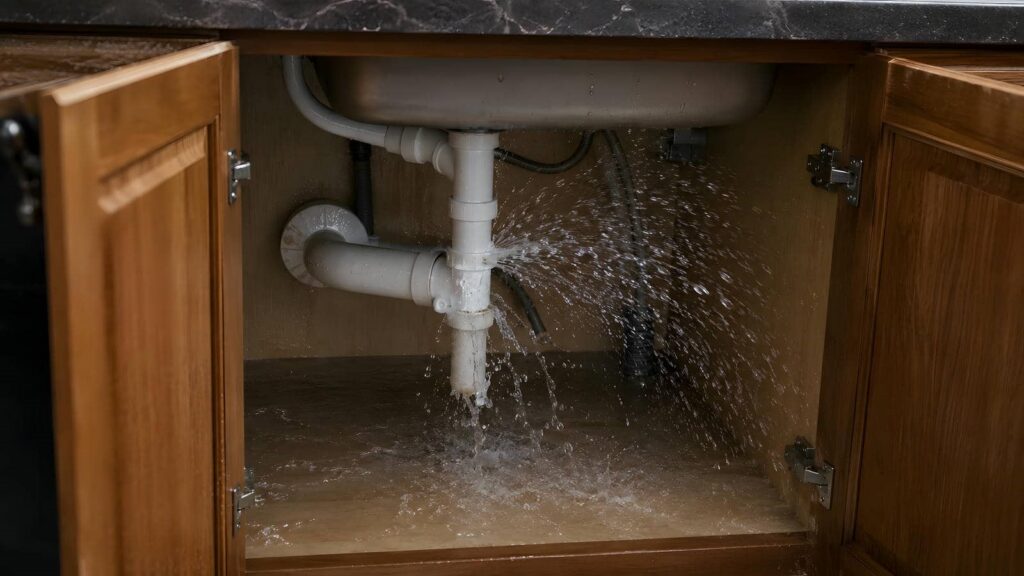 Water spraying from a leaking pipe under a kitchen sink inside a wooden cabinet.