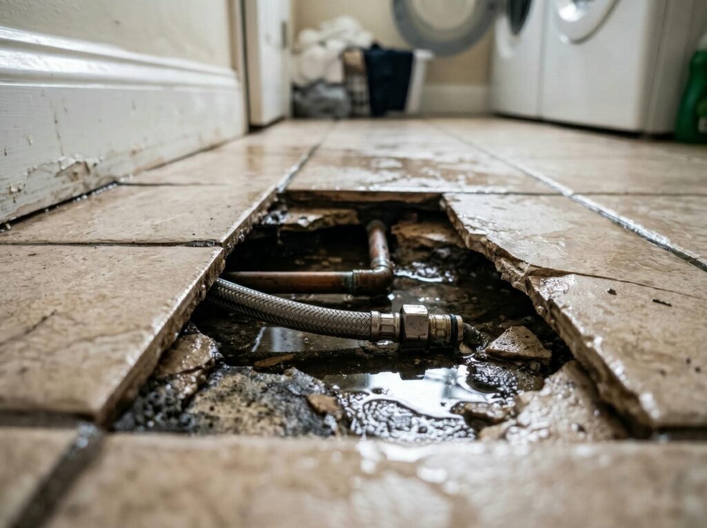 Broken floor tiles with exposed leaking water pipes and water pooling underneath.