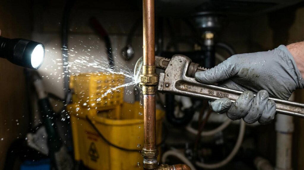 Gloved hand using a wrench to fix a leaking copper pipe with water spraying out.