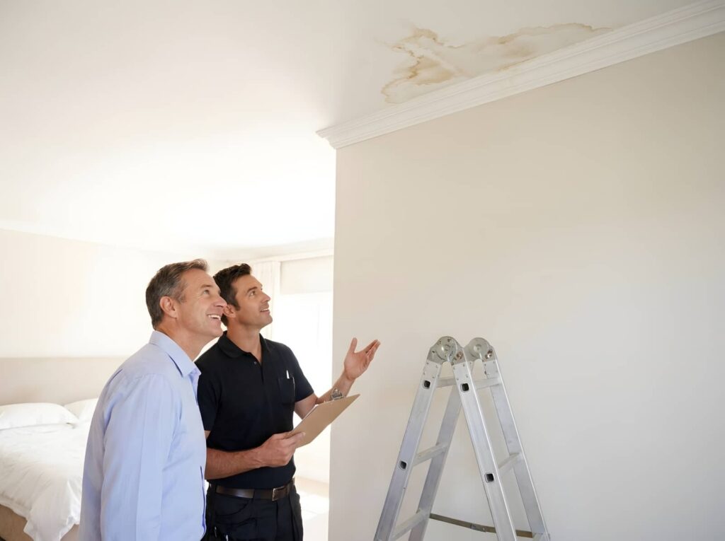 Two men inspect water damage on a bedroom ceiling beside a ladder.
