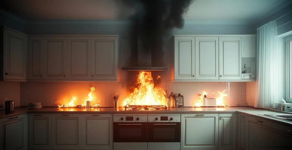 Kitchen stove and countertop engulfed in flames with thick black smoke rising.