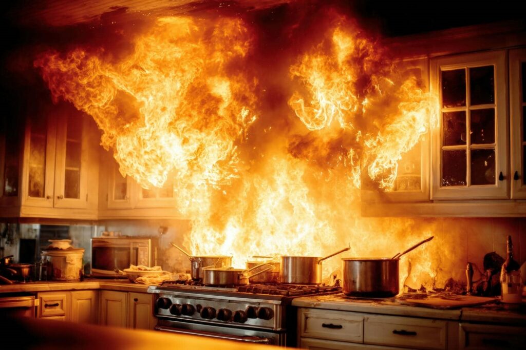 Large flames engulf a kitchen stove with multiple pots and surrounding cabinets.
