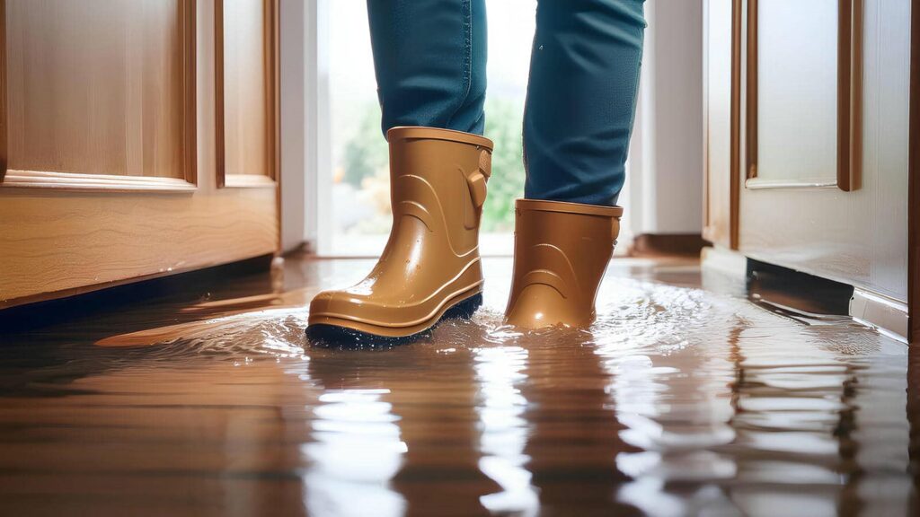Person wearing brown rain boots standing in a flooded indoor hallway with water covering the floor.
