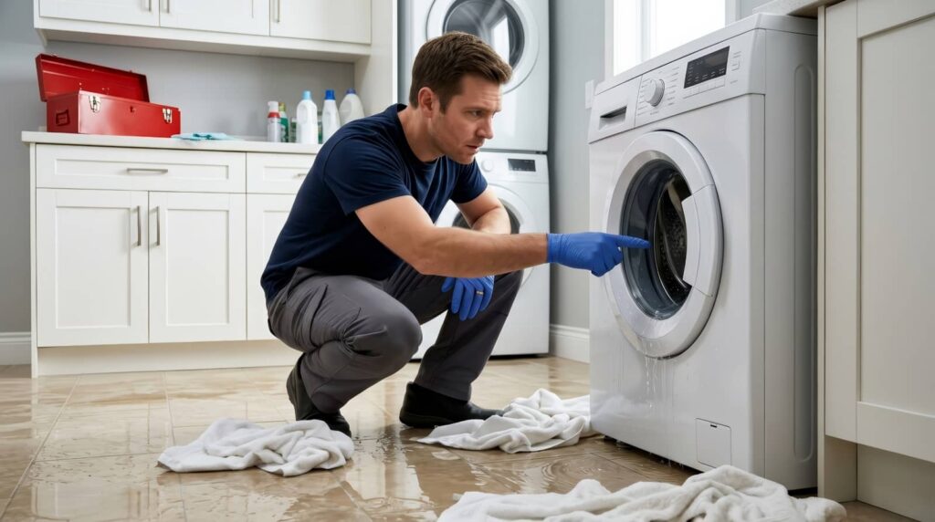 Man inspecting a leaking washing machine in a laundry room.