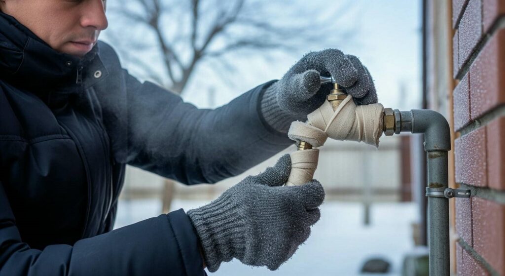 Person wearing gloves turning an outdoor water faucet wrapped in insulation tape on a cold day.