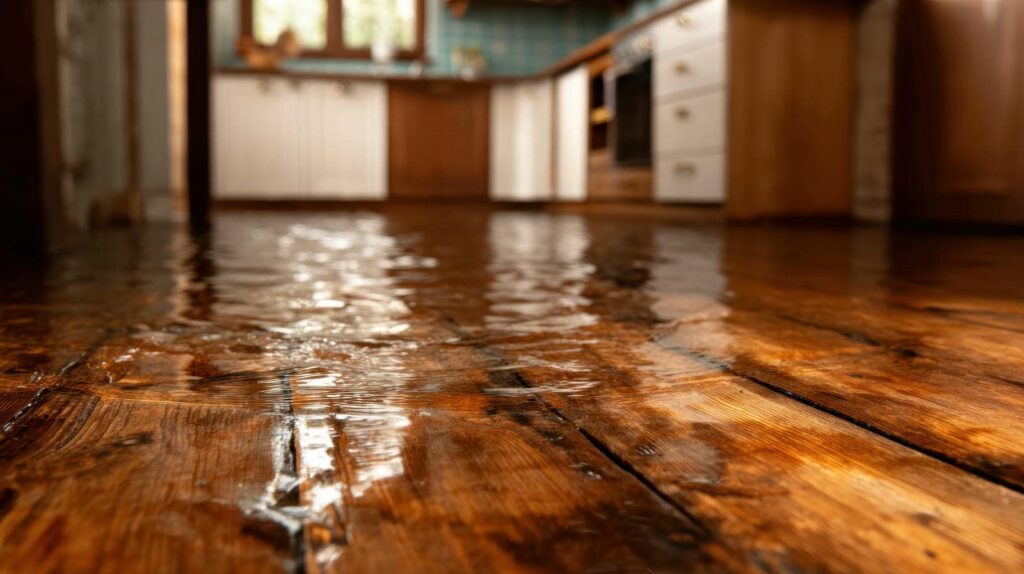 Water flooding a wooden kitchen floor with cabinets and appliances in the background.