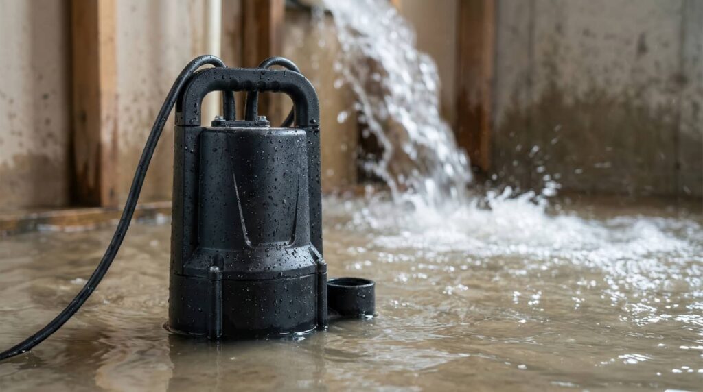 Submersible pump in flooded basement draining water.
