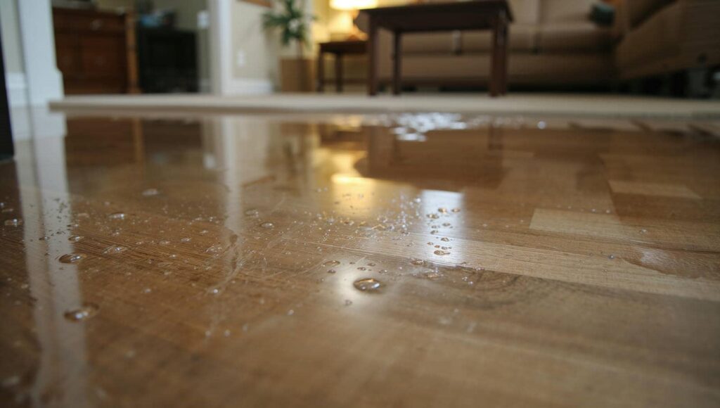 Water spilled on a wooden floor in a living room with furniture in the background.