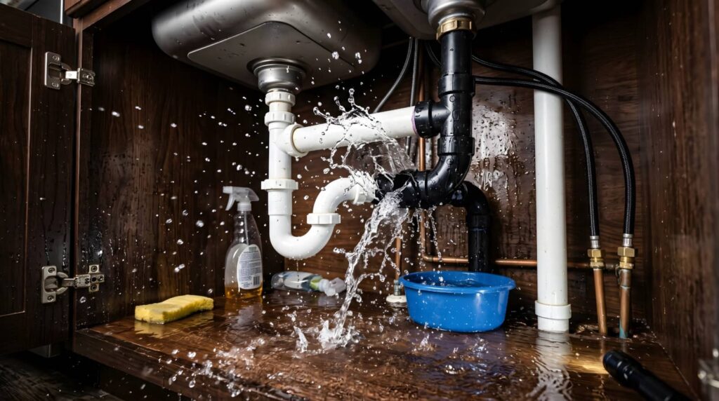 Under-sink plumbing leak spraying water inside a cabinet.