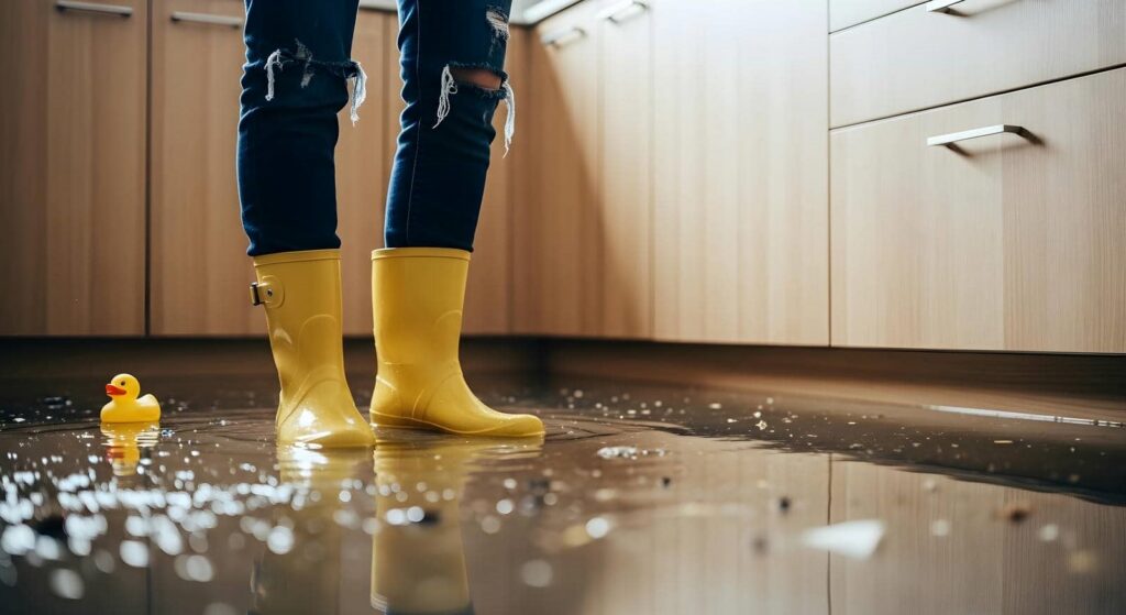 Person wearing yellow rain boots standing in a flooded kitchen with a rubber duck floating nearby.