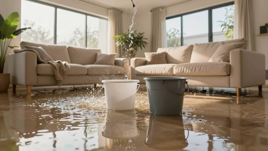 Flooded living room with water pouring into buckets.