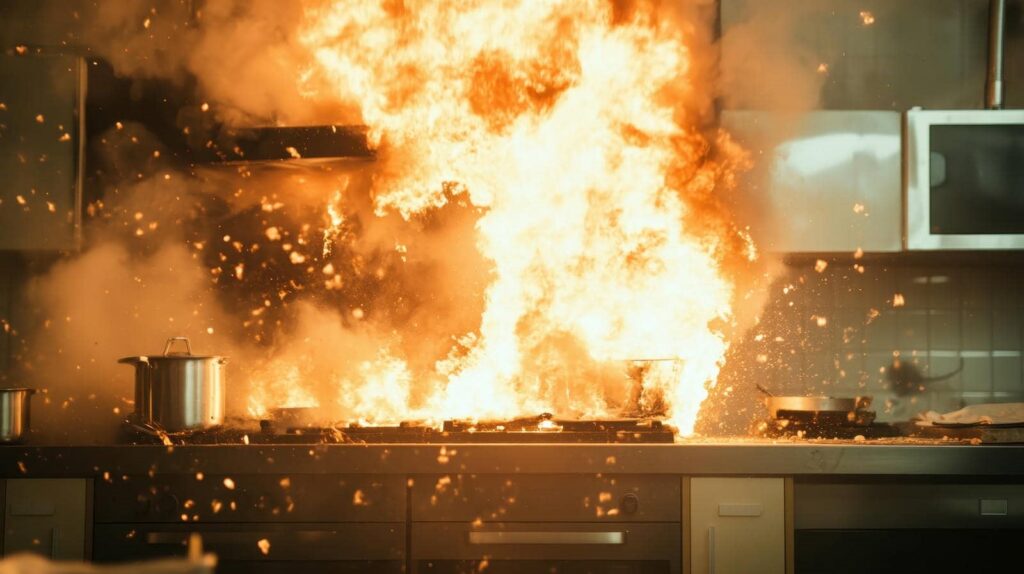 Large fire and explosion erupting on a kitchen stove with pots and pans nearby.