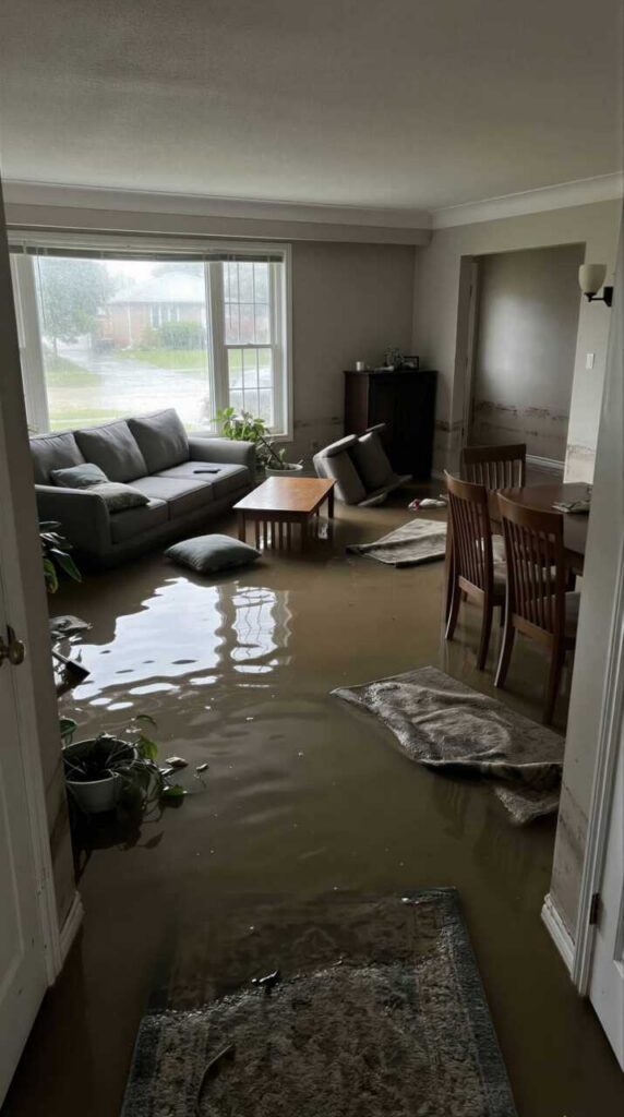 Flooded living room with water covering the floor and furniture.