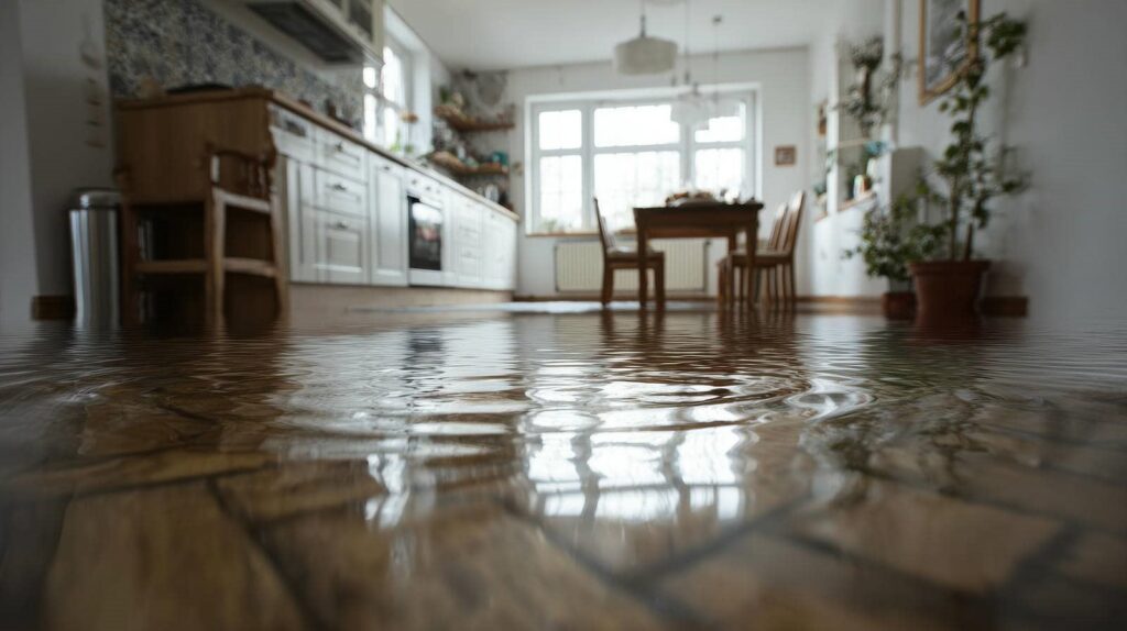 Flooded kitchen with water covering the wooden floor and furniture partially submerged.
