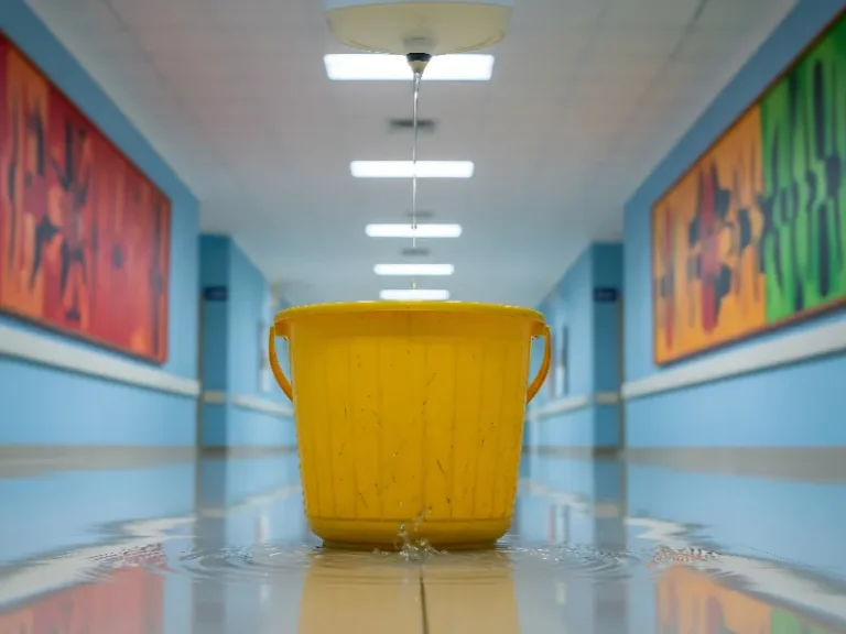 Yellow bucket catching water leaking from a ceiling in a hallway.