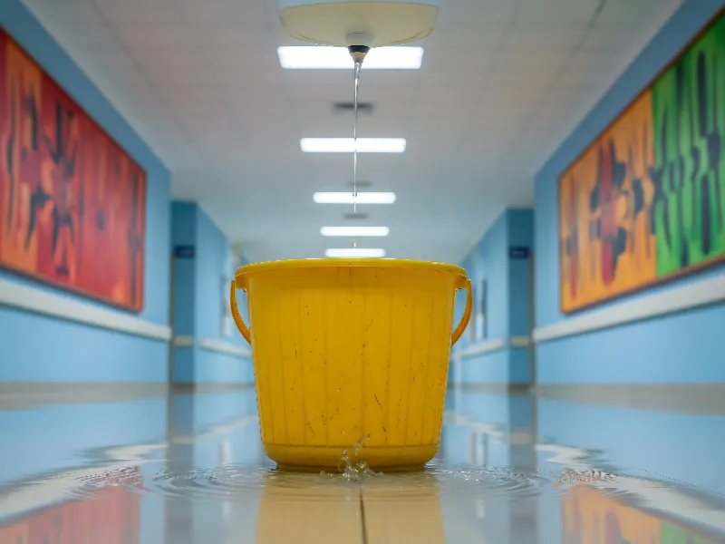 Yellow bucket catching water leaking from a ceiling in a hallway.