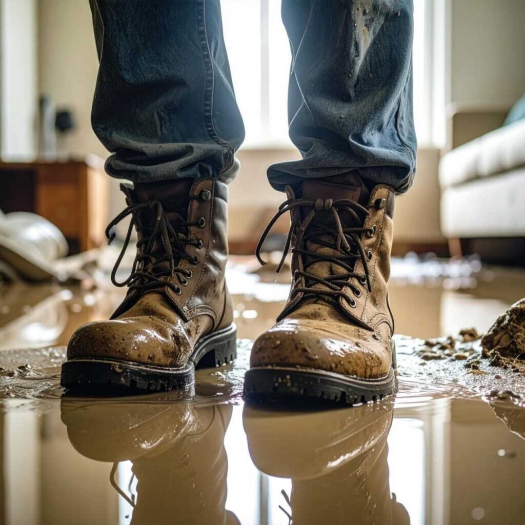 Person wearing muddy boots standing in a large indoor puddle of water.