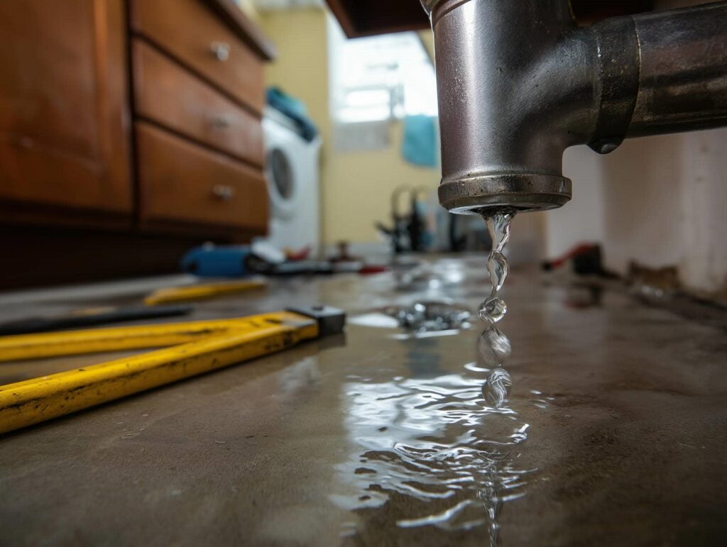 Water leaking from a metal pipe onto a wet floor with yellow tools nearby.