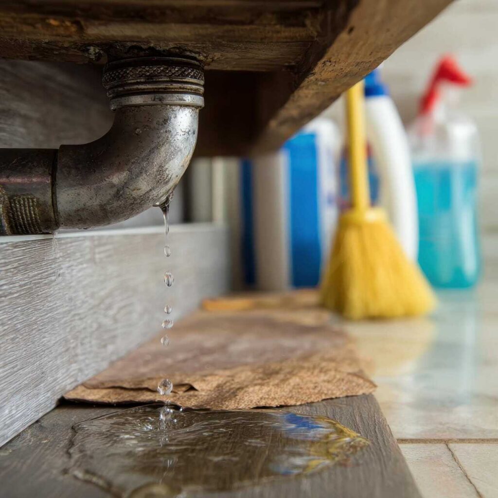 Water dripping from a leaking metal pipe onto a wooden surface with cleaning supplies blurred in the background.