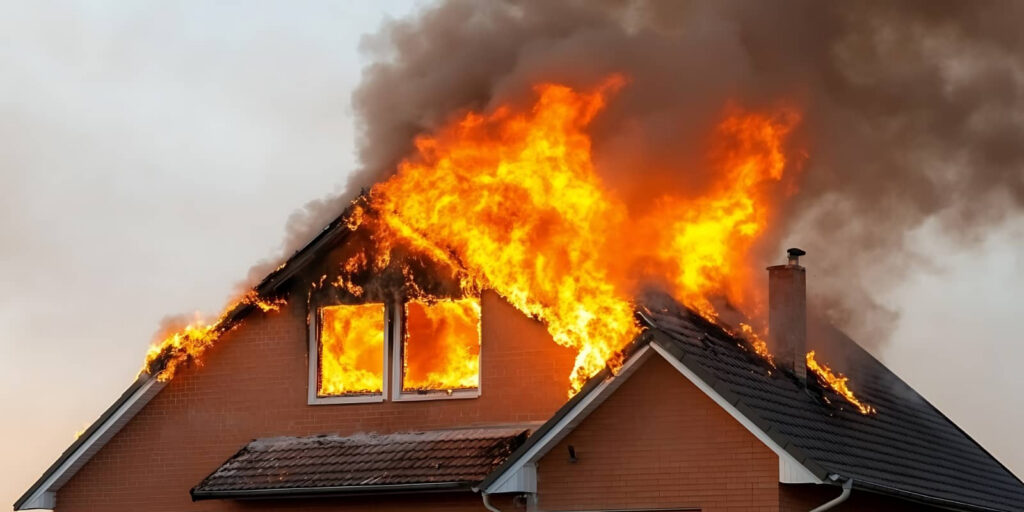 House roof engulfed in flames with thick smoke.