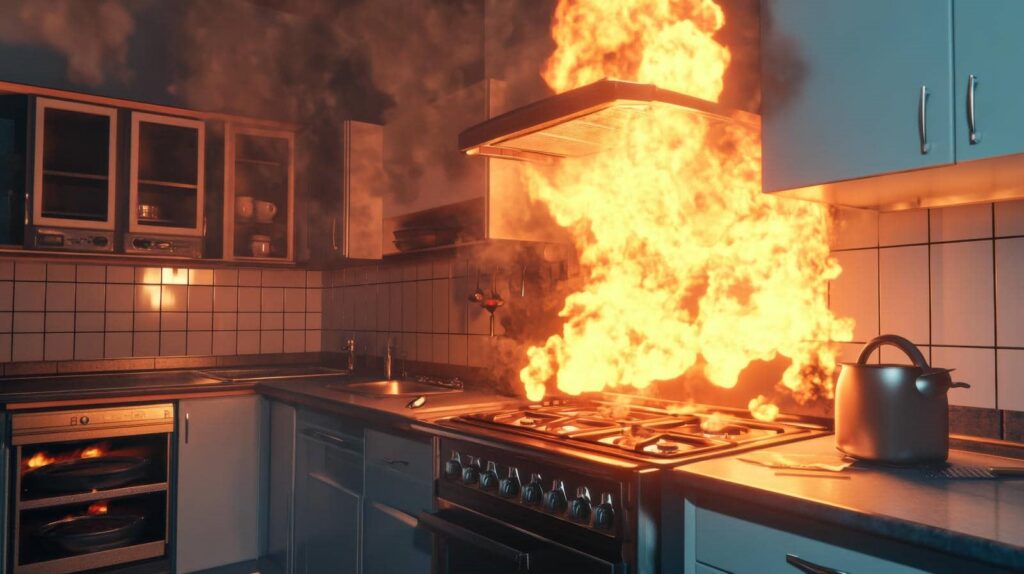 Large flames erupting from a gas stove in a kitchen with blue cabinets and tiled walls.