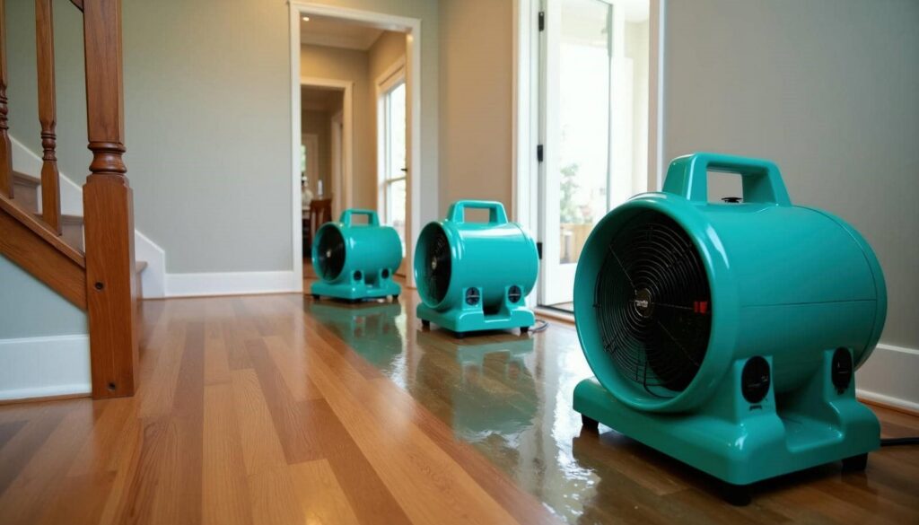 Three teal air movers drying a wet hardwood floor in a hallway.